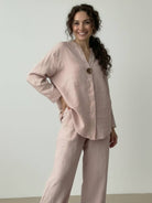 Pure linen two-piece casual comfort set with flowing breathable fabric and one-button design