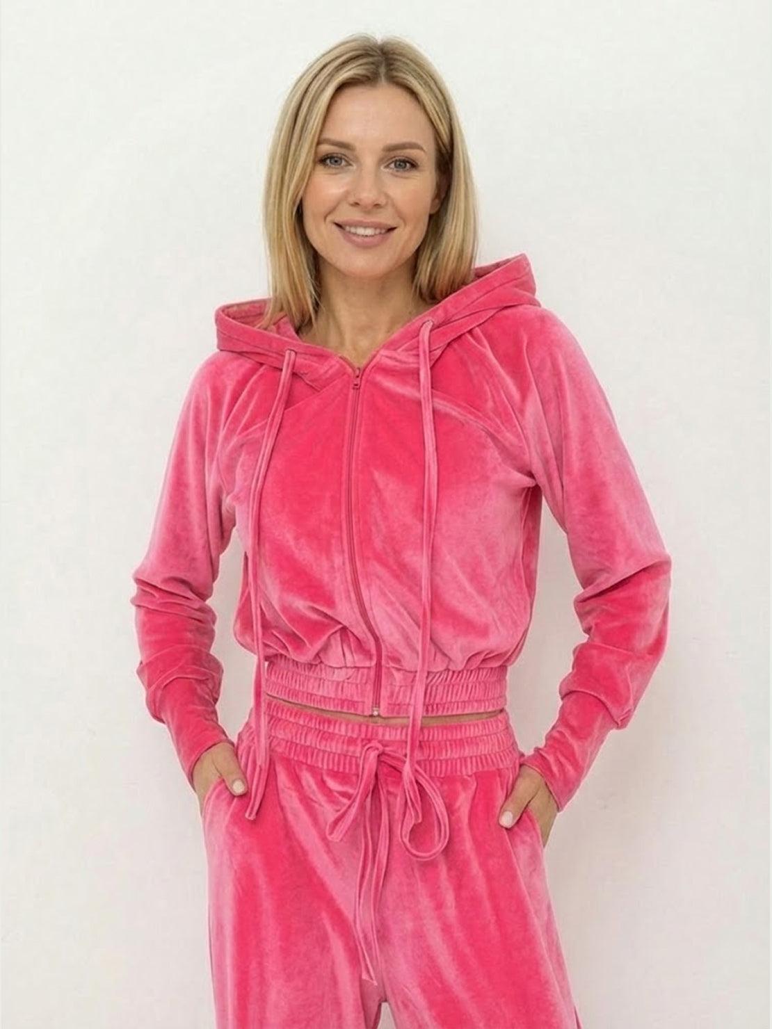 Modern cropped velour tracksuit set with high-waist pants and plush texture