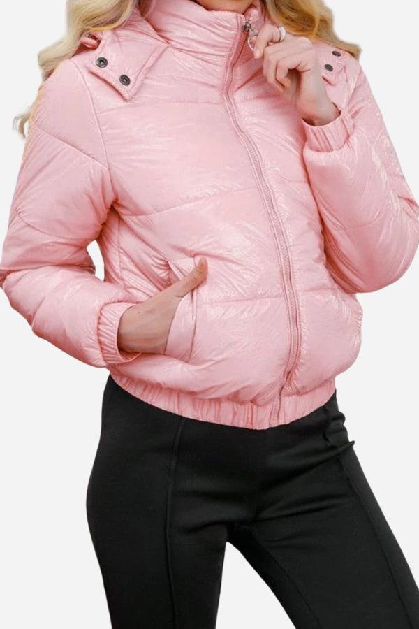 Pink reflective anti-splash lightweight slim fit puffer jacket with undetachable hood and hand pockets for women