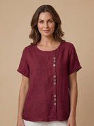 Relaxed Fit Linen Button-Up Tee with breathable cotton linen fabric and stylish button detail