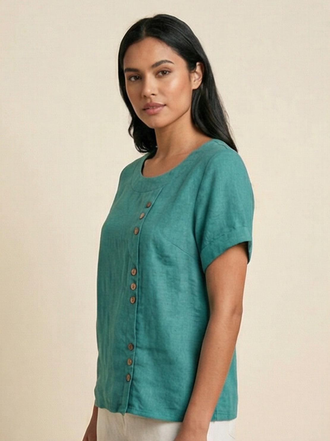 Relaxed Fit Linen Button-Up Tee with breathable cotton linen fabric and stylish buttons