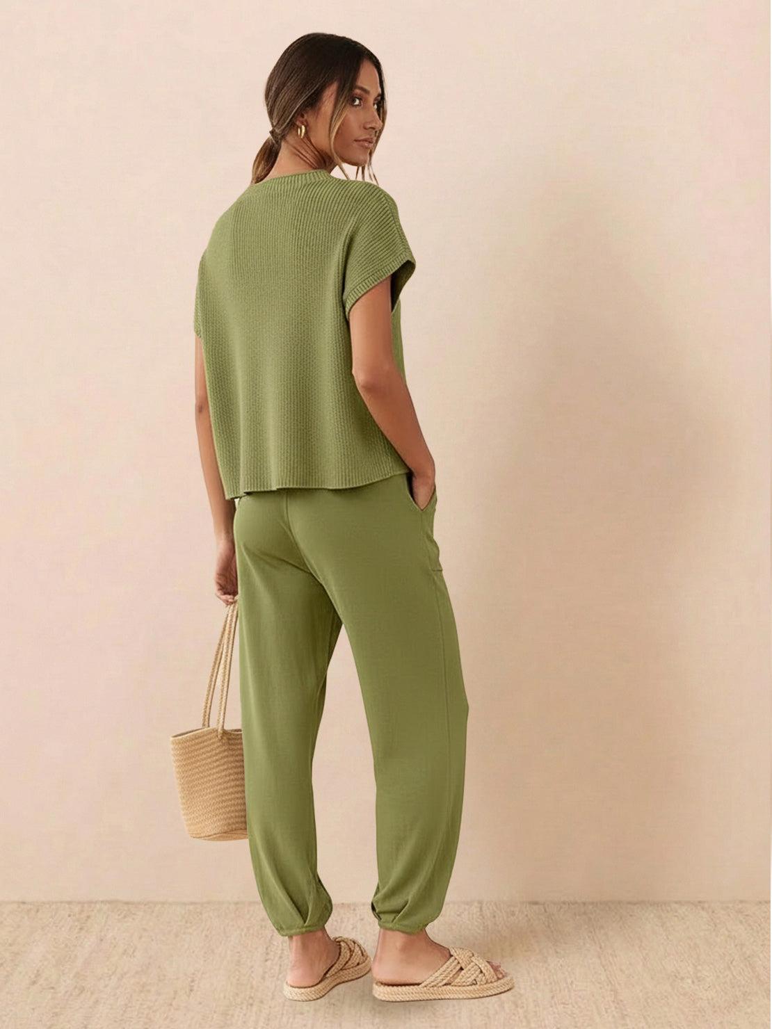 Woman wearing Comfy Couture knit sweater two-piece set with relaxed fit and soft fabric