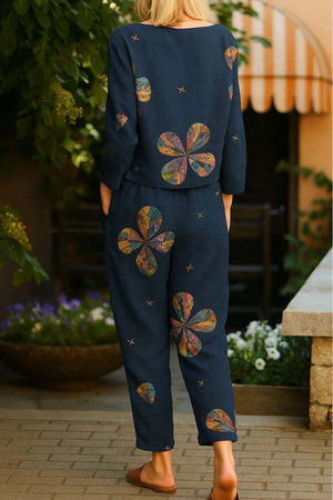 Retro Patterned Linen Two-Piece Set