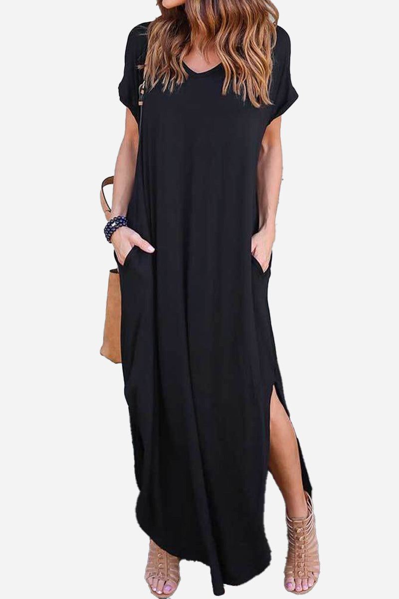 Black side slit maxi dress with pockets and rolled sleeves in relaxed fit