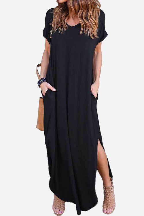 Black side slit maxi dress with pockets and rolled sleeves in relaxed fit