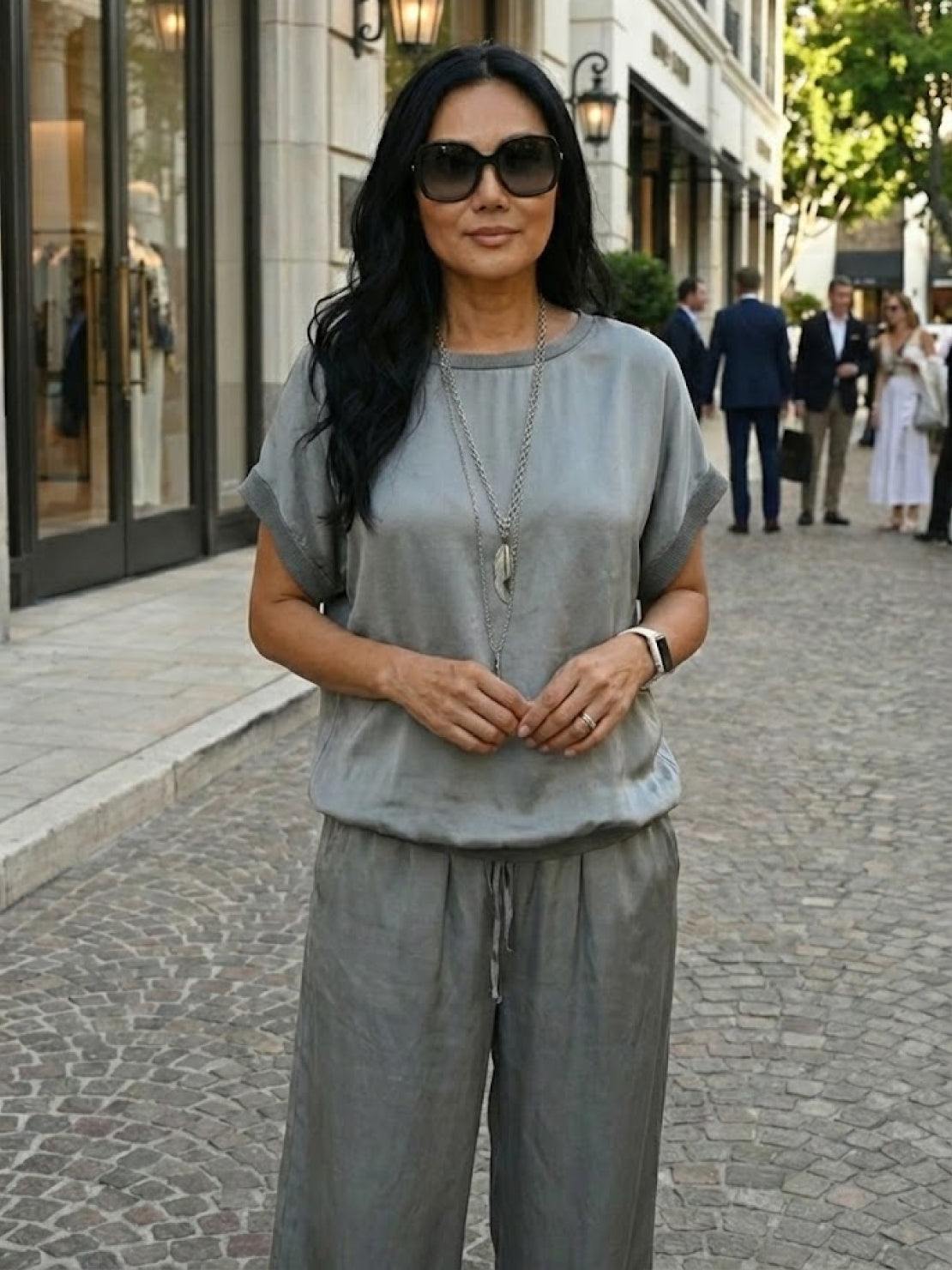 Silken Escape satin two-piece set with flowy top and wide-leg pants in silky fabric