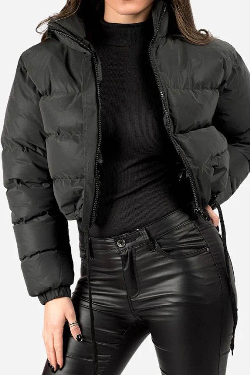 Black sleek cropped puffer jacket with high collar and drawstrings styled with black top and pants