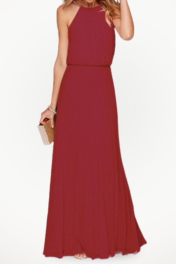 Red sleeveless belted maxi pleated dress with round neck and flowing chiffon fabric