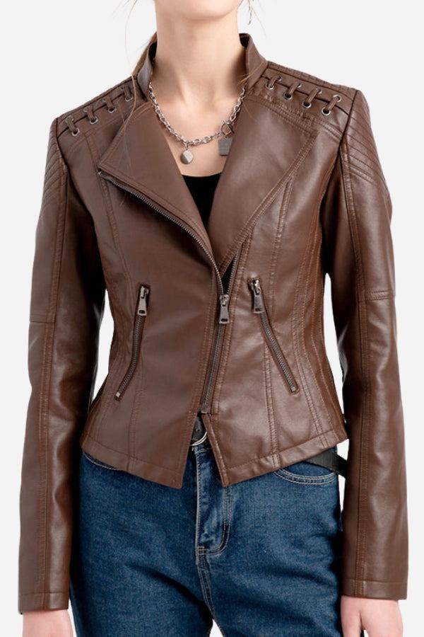 Slim fit brown leather motorcycle jacket with zippered pockets and textured shoulder details.