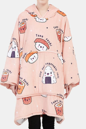Pink snuggly oversized hooded fleece sweater with cartoon sushi and rice roll print, front pocket, and cozy blanket fit.