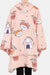 Pink snuggly oversized hooded fleece sweater with cartoon sushi and rice roll print, front pocket, and cozy blanket fit.