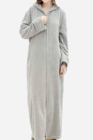 Gray stylish flannel hooded nightgown with front zipper and long sleeves for cozy comfort