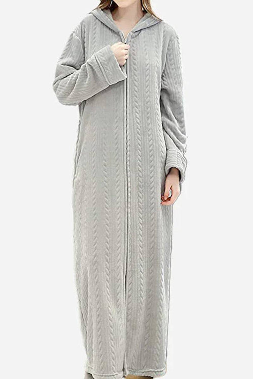 Gray stylish flannel hooded nightgown with front zipper and long sleeves for cozy comfort