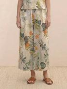 Floral loose fit co-ord set with wide-leg trousers and elastic waistband, lightweight and breathable linen-cotton blend.