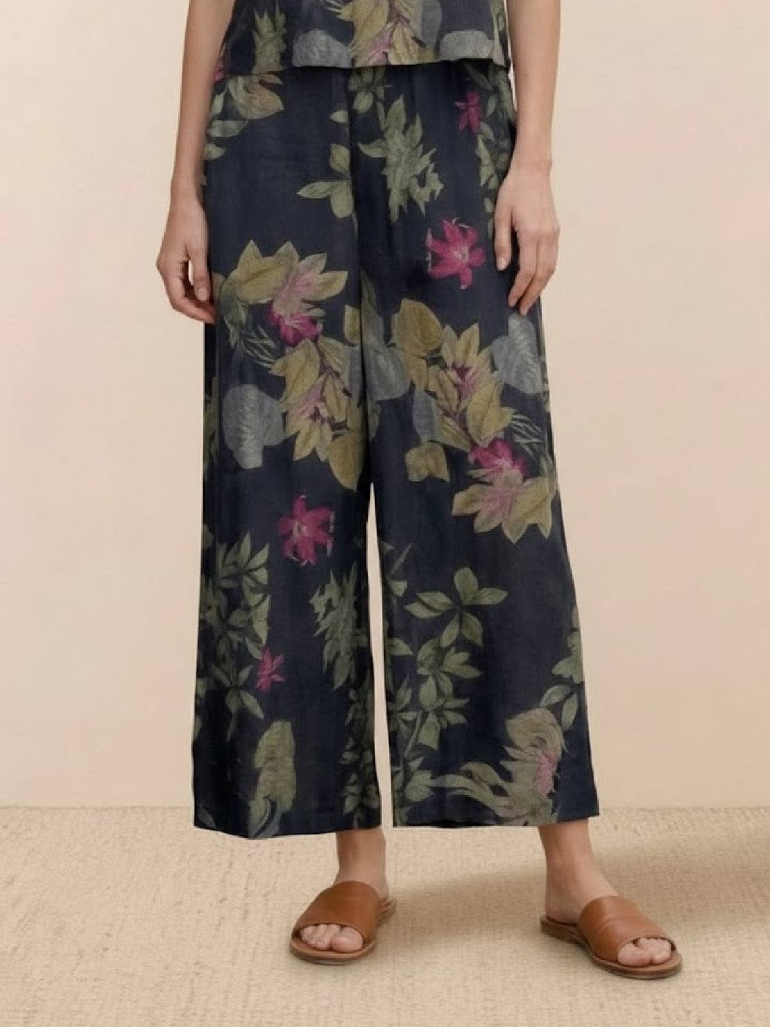 Floral wide-leg trousers from the Meadow Loose Fit Co-ord Set with relaxed fit and breathable linen-cotton fabric
