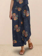 Floral print wide-leg pants from loose fit co-ord set with relaxed, breezy design and elastic waistband.