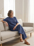 Women's loose fit co-ord set with soft-tailored top and wide-leg bottoms in breathable cotton blend fabric