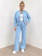 The Voyager Zip Set matching zip-front sweatshirt and wide-leg joggers for stylish travel comfort