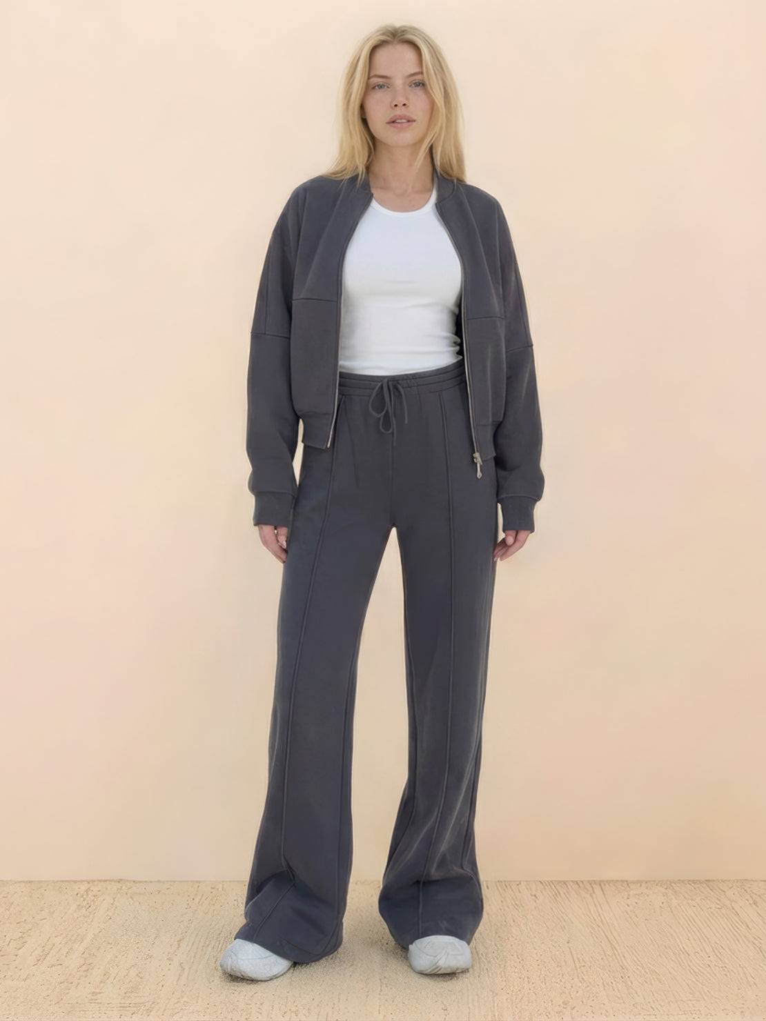The Voyager Zip Set two-piece zip-front sweatshirt and wide-leg joggers travel outfit
