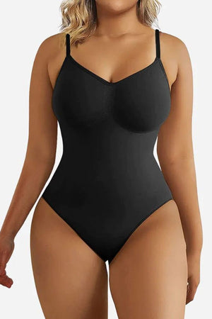Black TummyToning Bodysuit with seamless design, adjustable straps, tummy control, and chest lift for a smooth, toned silhouette.