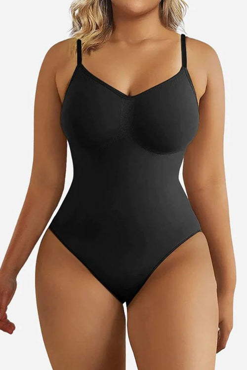 Black TummyToning Bodysuit with seamless design, adjustable straps, tummy control, and chest lift for a smooth, toned silhouette.