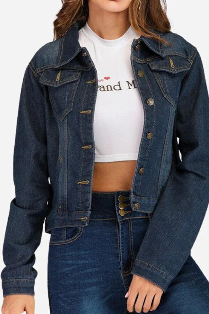 Urban Grace Stretch Denim Jacket in dark blue with button front and long sleeves modeled with matching denim pants and white crop top
