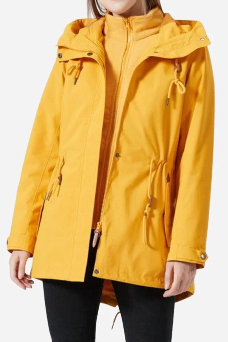Yellow slim-fit versatile chic two-piece windbreaker set with adjustable hood and waist rope