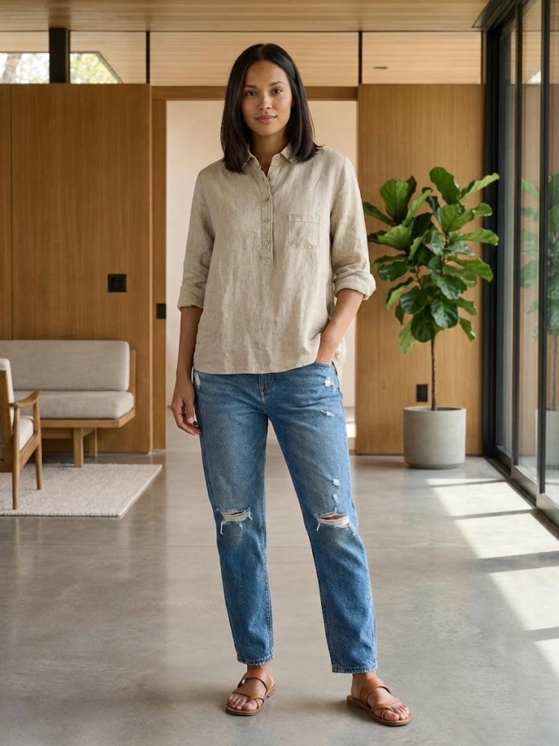 women's vintage linen shirt in cotton-linen blend, breathable and casual chic style