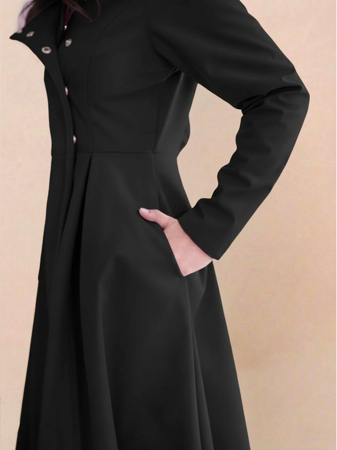 Water-repellent A-line hooded women's raincoat with insulated lining and matching belt