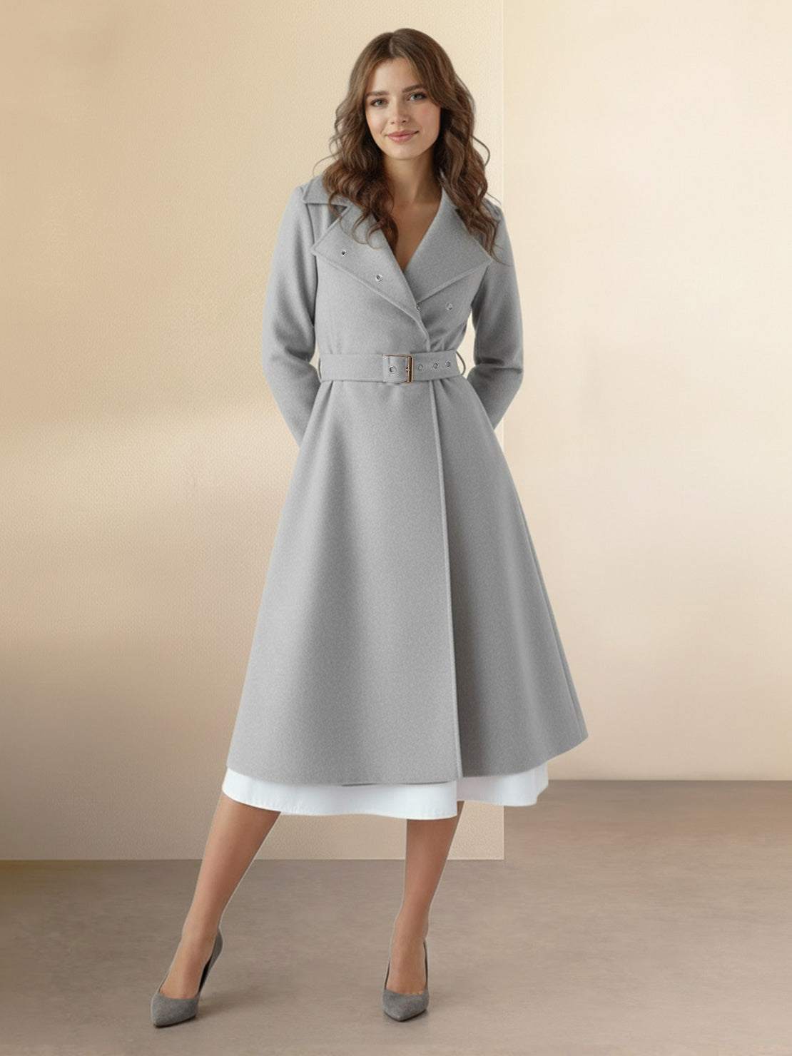 Elegant women's water-repellent rain A-line hooded coat with belt and insulated lining