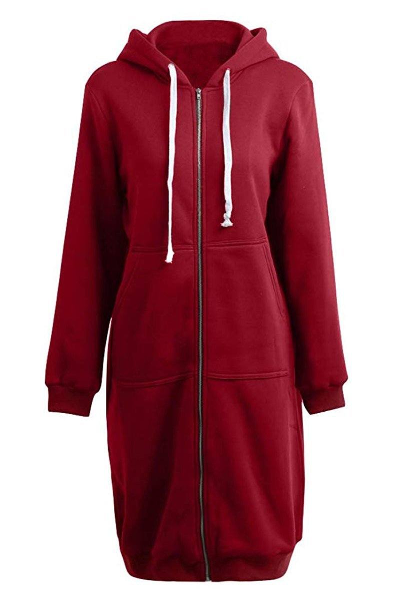 Oversized long zip sweatshirt hoodie in red with fleece lining, front pockets, and drawstring hood