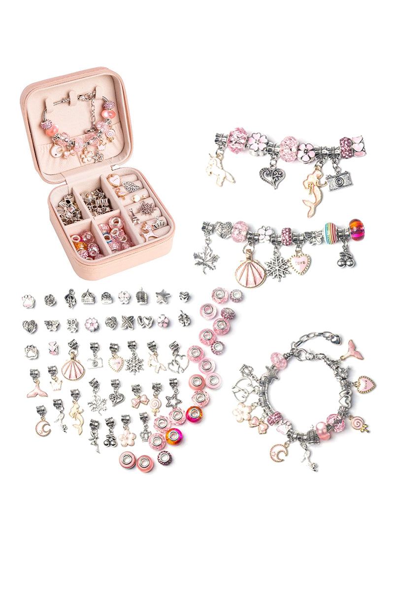 Bracelet-making kit for kids with beads, charms, and storage box for DIY creative jewelry crafting.