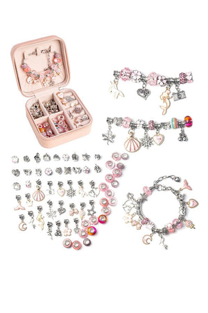 Bracelet-making kit for kids with beads, charms, and storage box for DIY creative jewelry crafting.