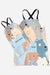 Matching Mommy & Me apron set with cartoon bear pattern, durable cotton linen, oil-proof coating, and convenient front pockets for kitchen use.