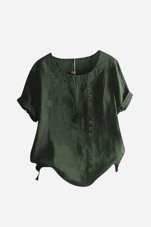 Dark green relaxed fit linen button-up tee with short sleeves and round neck, featuring stylish vertical button accents.