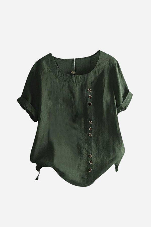 Dark green relaxed fit linen button-up tee with short sleeves and round neck, featuring stylish vertical button accents.