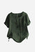 Dark green relaxed fit linen button-up tee with short sleeves and round neck, featuring stylish vertical button accents.
