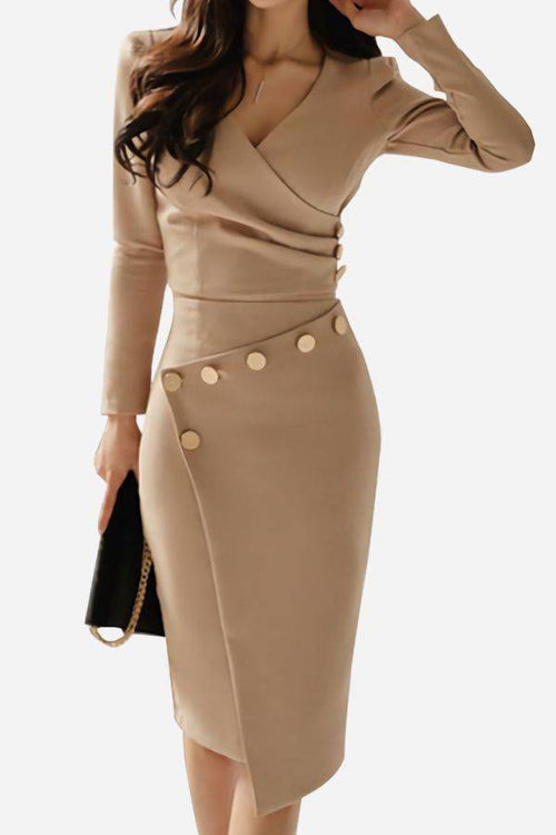 Beige stylish button pencil dress with v-neck and asymmetrical waist design, long sleeves, worn with black handbag